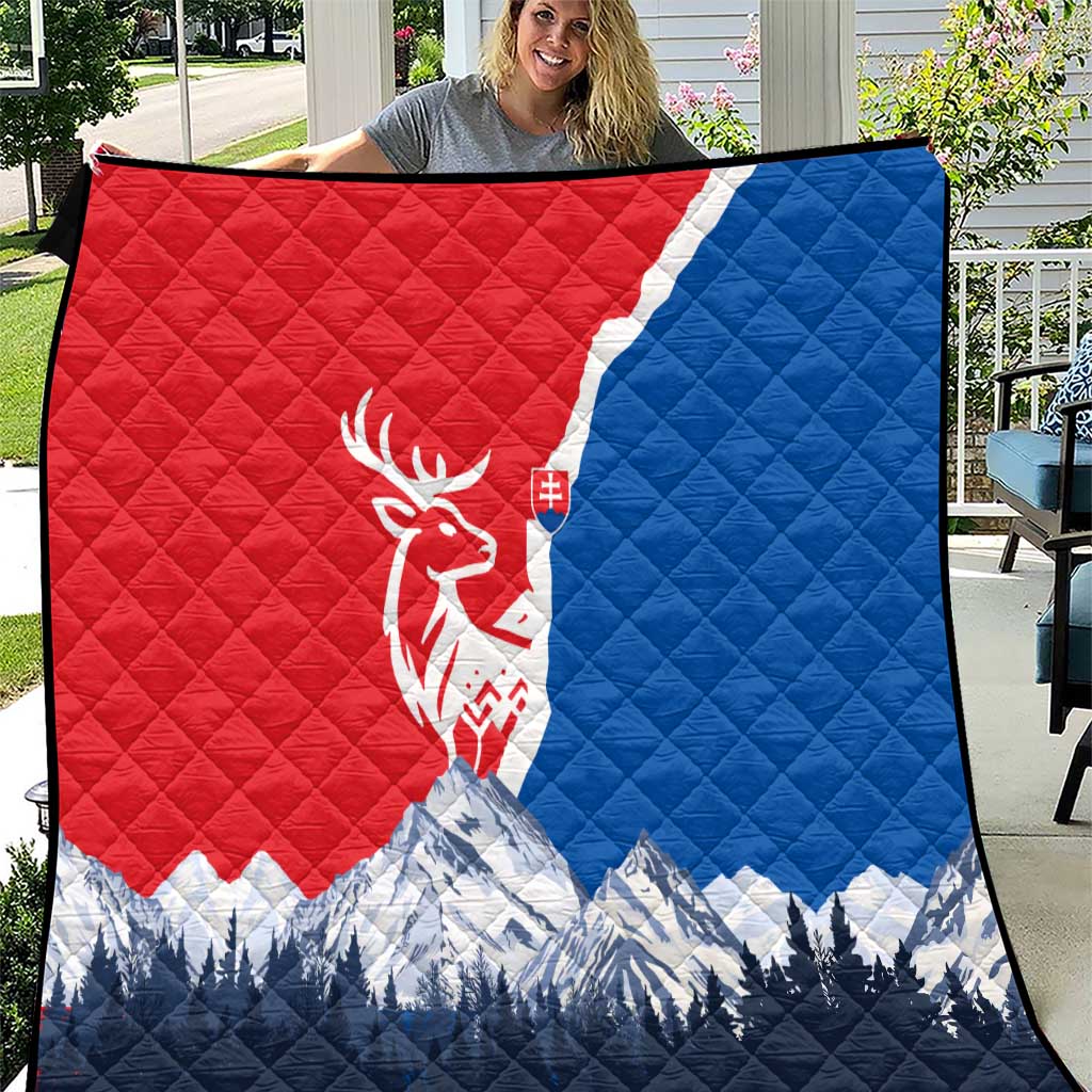 Slovakia – Red Blue Deer and Mountain Design Quilt with National Symbols