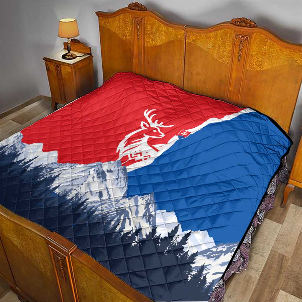 Slovakia – Red Blue Deer and Mountain Design Quilt with National Symbols