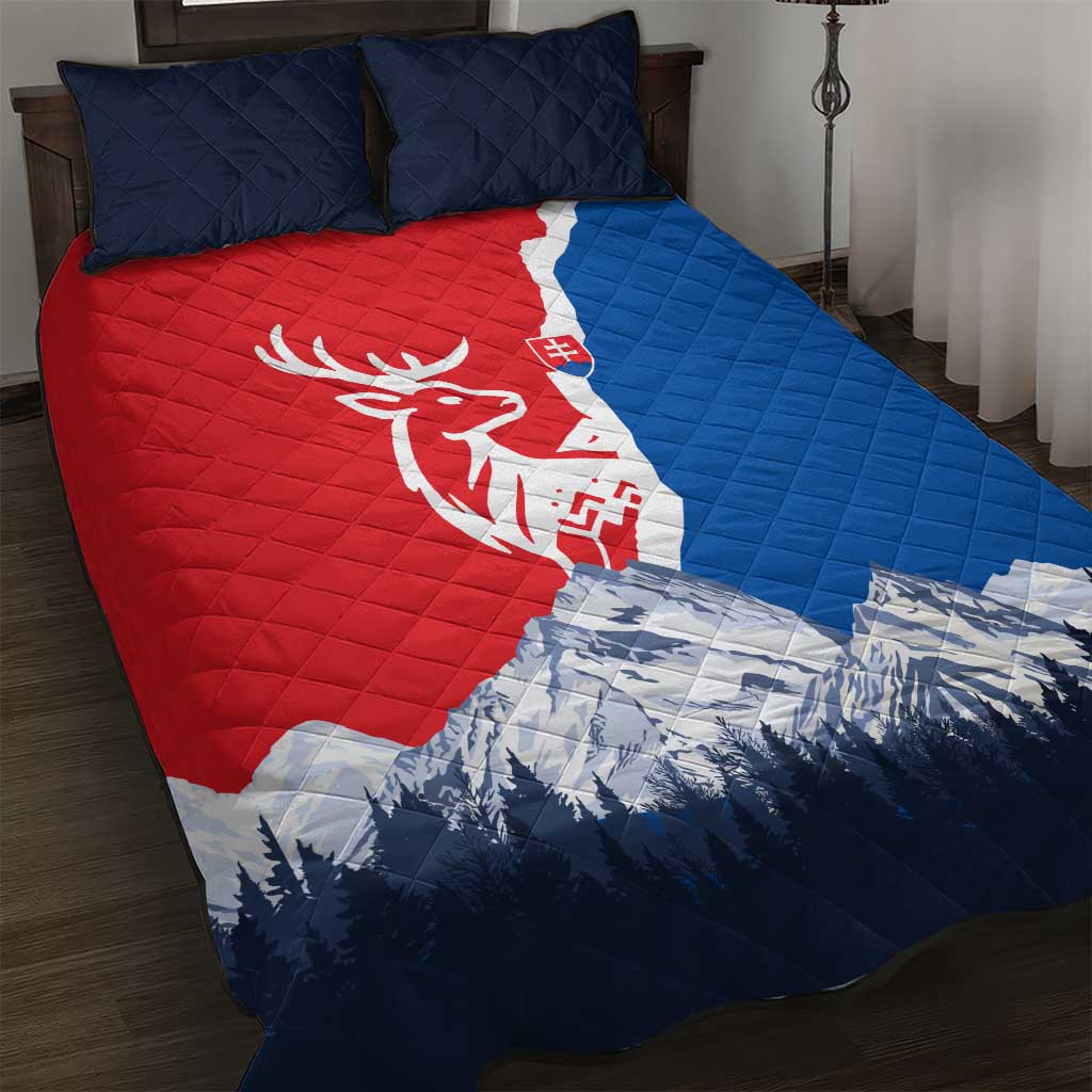 Slovakia – Red Blue Deer and Mountain Design Quilt Bed Set with National Symbols