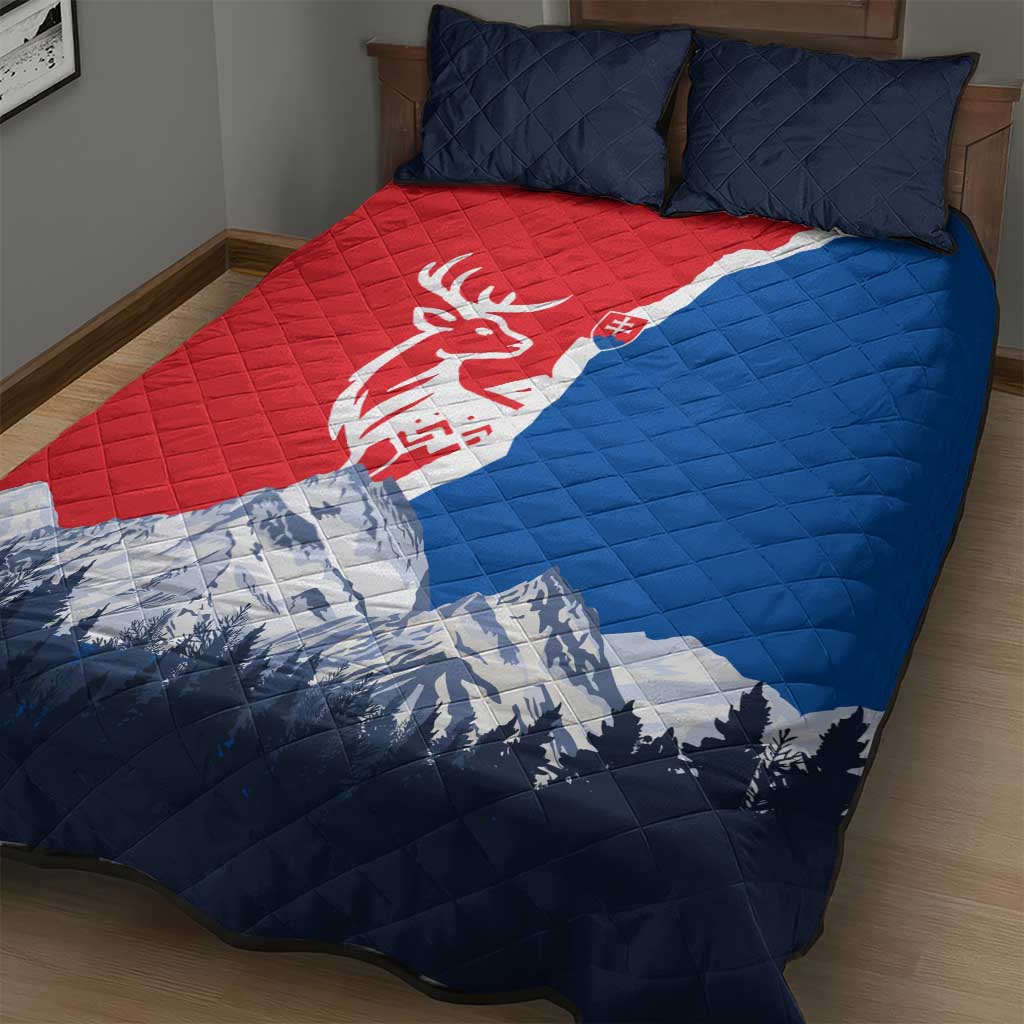 Slovakia – Red Blue Deer and Mountain Design Quilt Bed Set with National Symbols