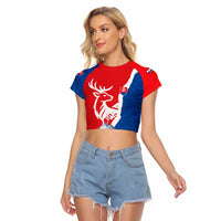 Slovakia – Red Blue Deer and Mountain Design Raglan Cropped T Shirt with National Symbols