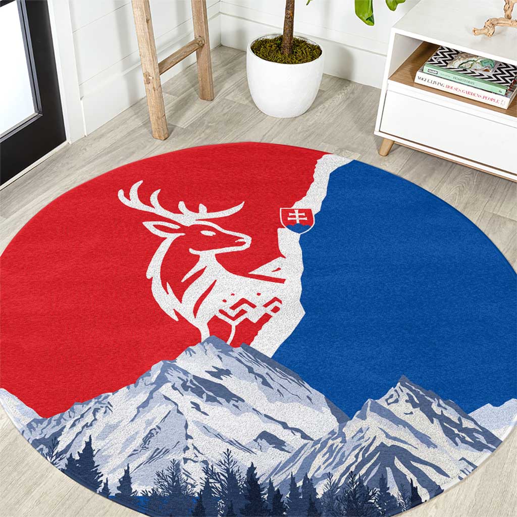 Slovakia – Red Blue Deer and Mountain Design Round Carpet with National Symbols
