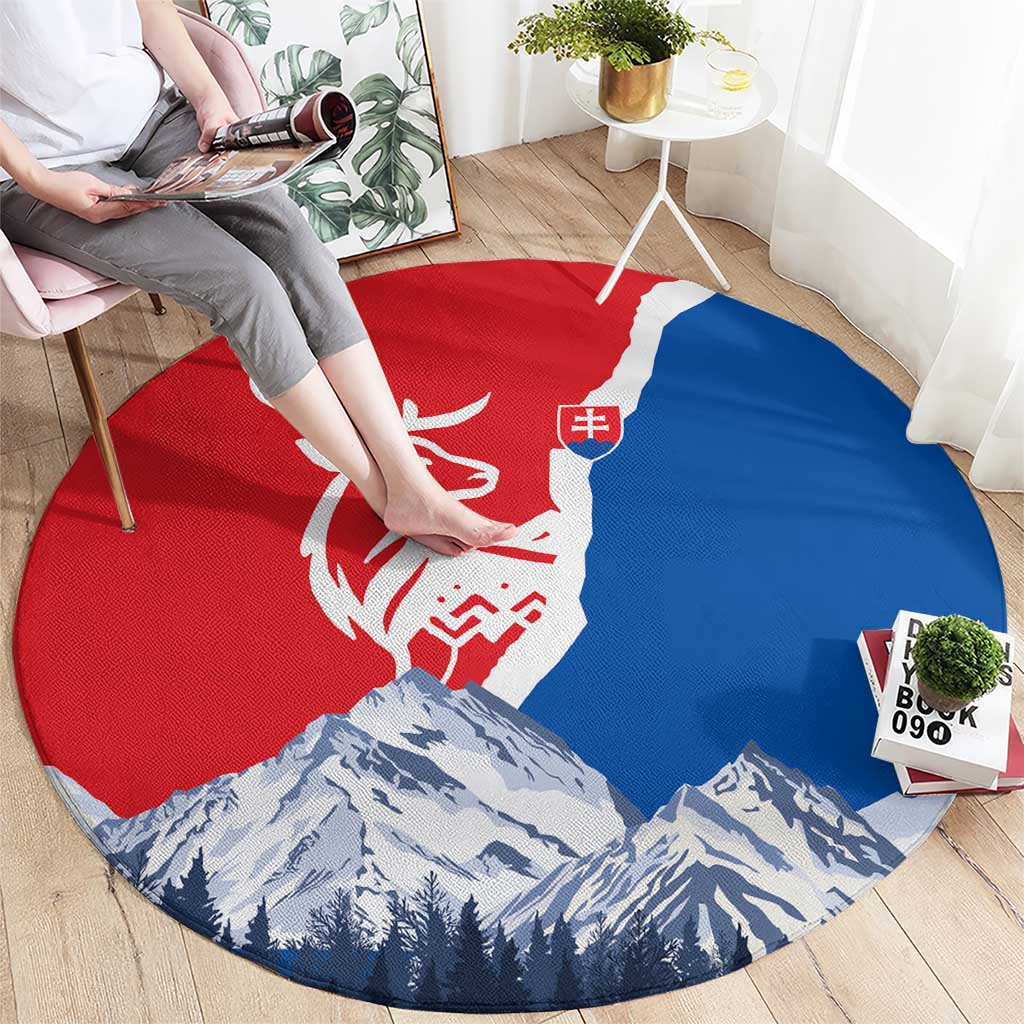 Slovakia – Red Blue Deer and Mountain Design Round Carpet with National Symbols