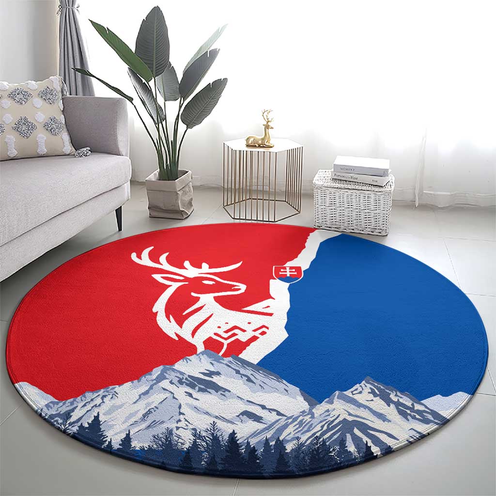 Slovakia – Red Blue Deer and Mountain Design Round Carpet with National Symbols