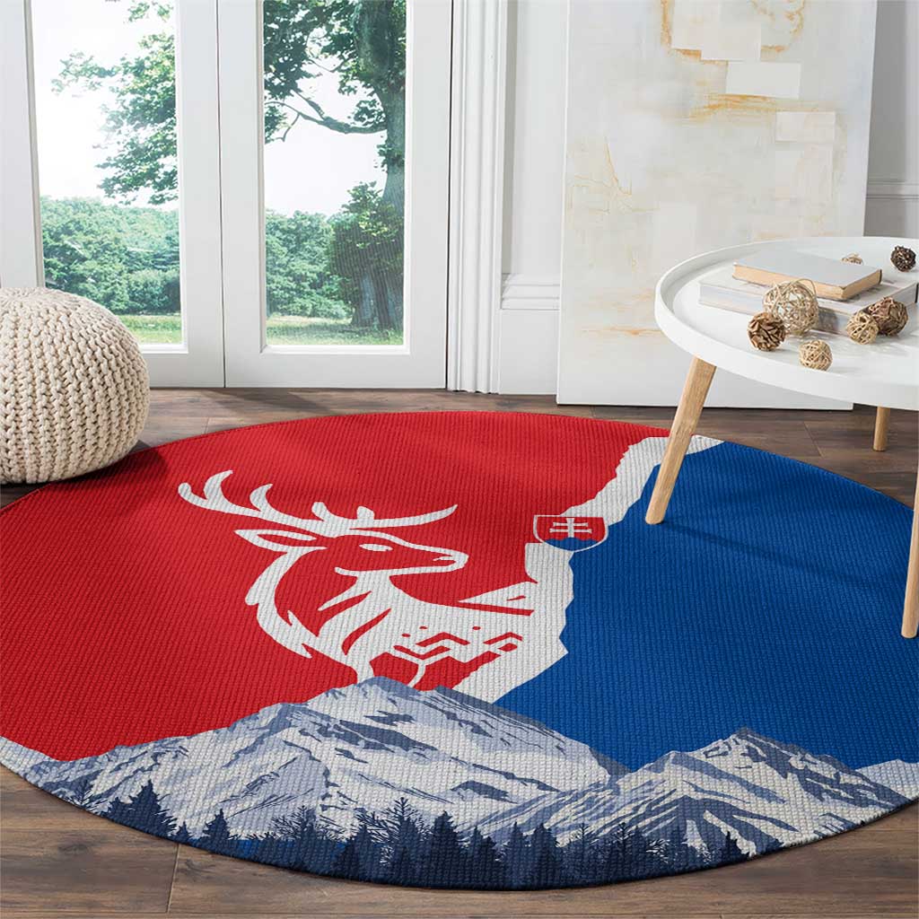 Slovakia – Red Blue Deer and Mountain Design Round Carpet with National Symbols