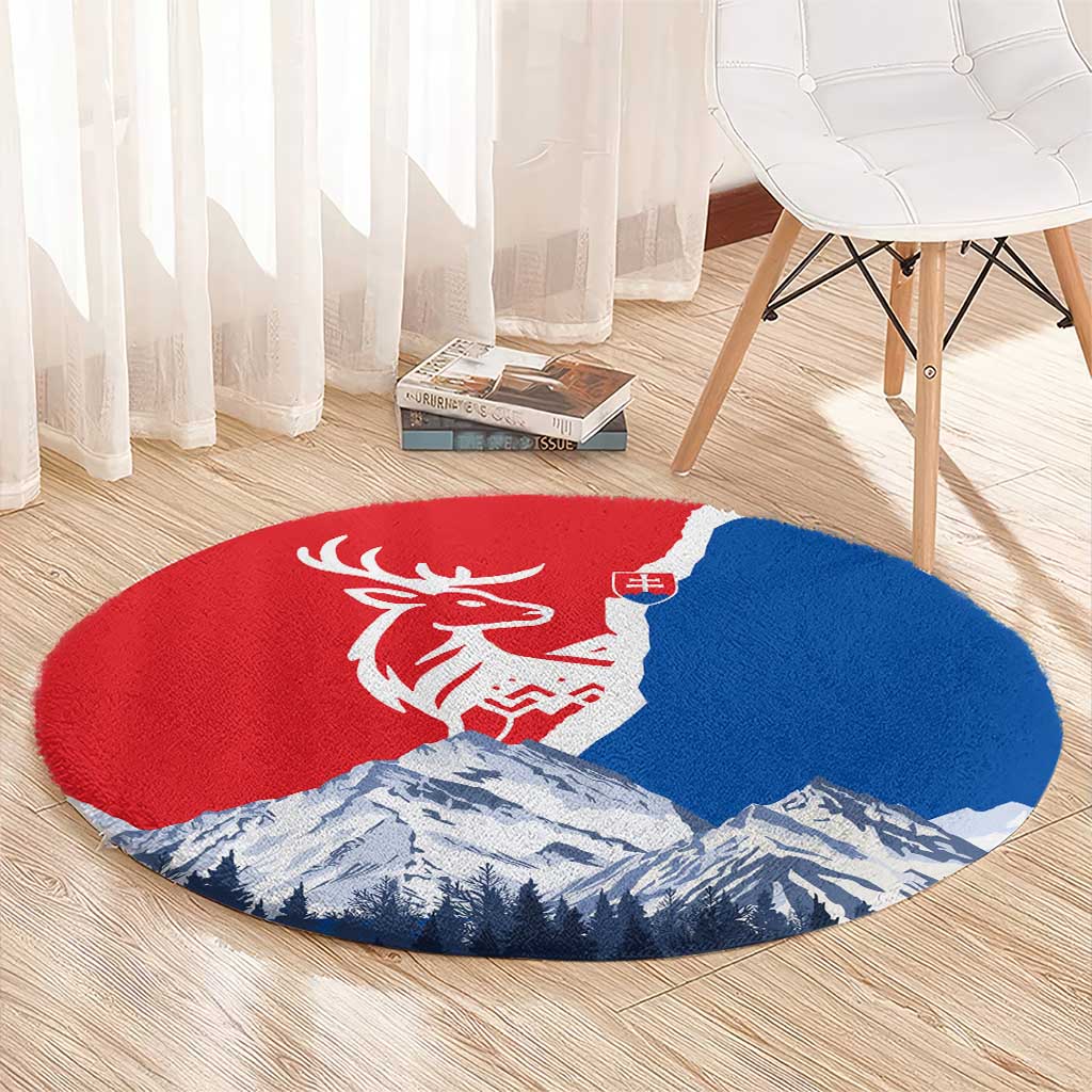 Slovakia – Red Blue Deer and Mountain Design Round Carpet with National Symbols