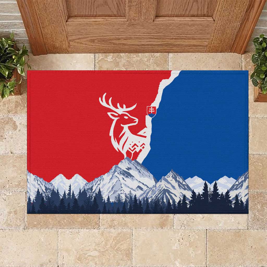 Slovakia – Red Blue Deer and Mountain Design Rubber Doormat with National Symbols