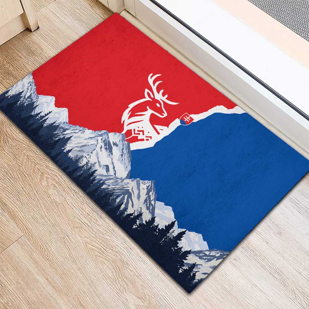 Slovakia – Red Blue Deer and Mountain Design Rubber Doormat with National Symbols