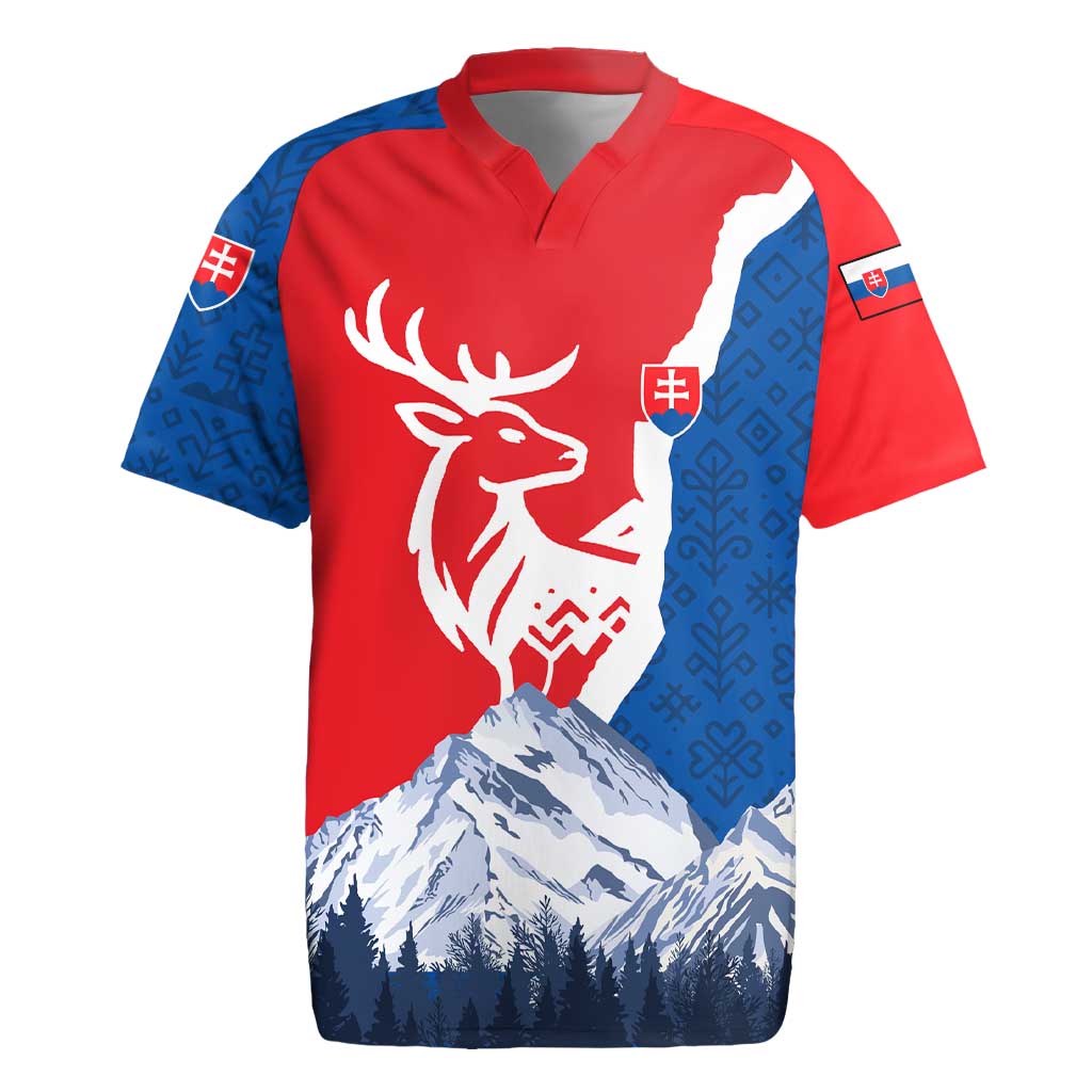 Slovakia – Red Blue Deer and Mountain Design Rugby Jersey with National Symbols