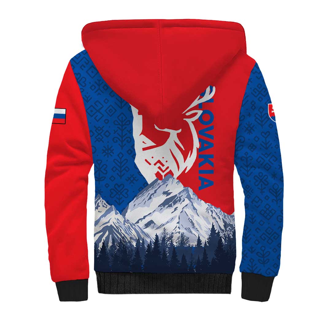 Slovakia – Red Blue Deer and Mountain Design Sherpa Hoodie with National Symbols