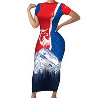 Slovakia – Red Blue Deer and Mountain Design Short Sleeve Bodycon Dress with National Symbols