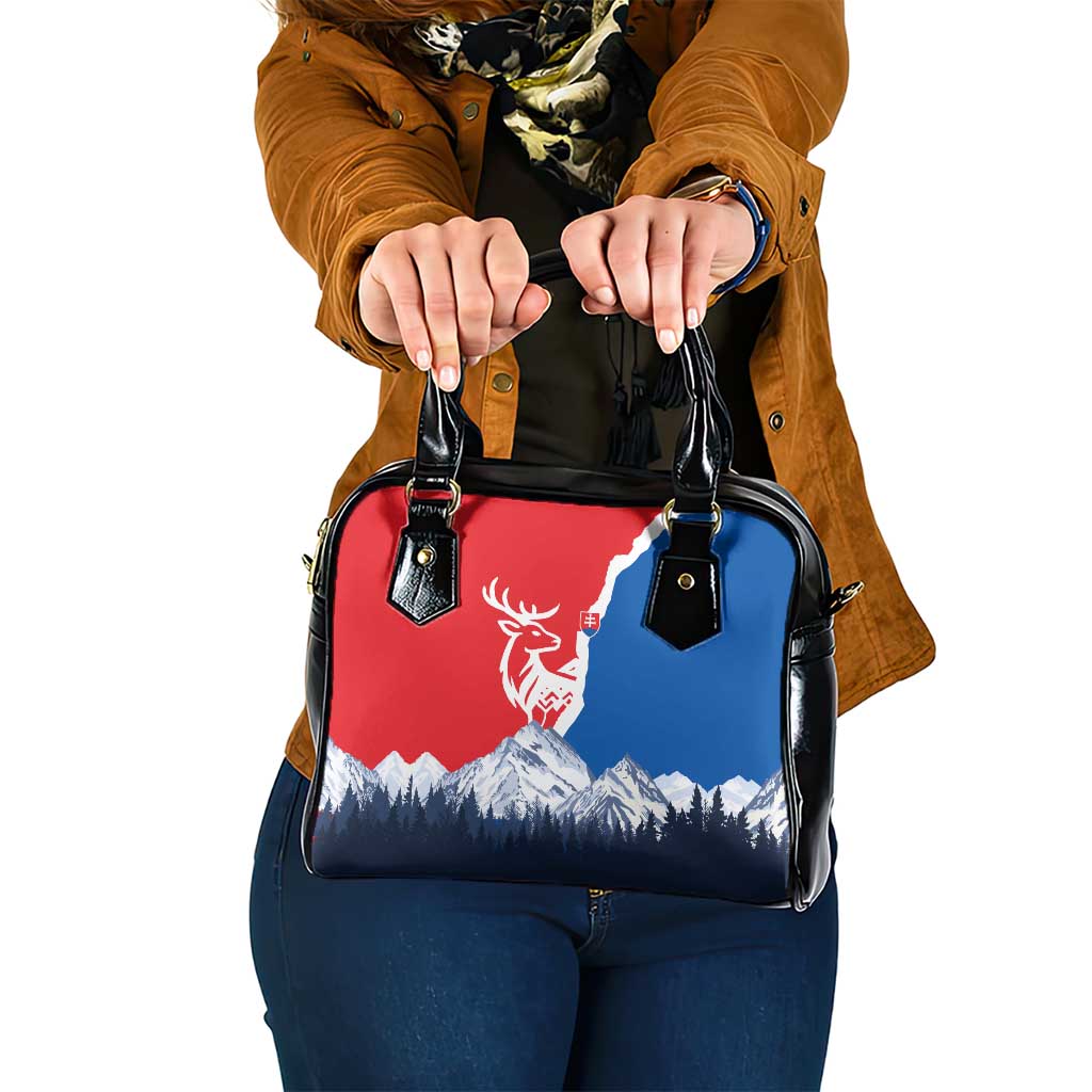 Slovakia – Red Blue Deer and Mountain Design Shoulder Handbag with National Symbols