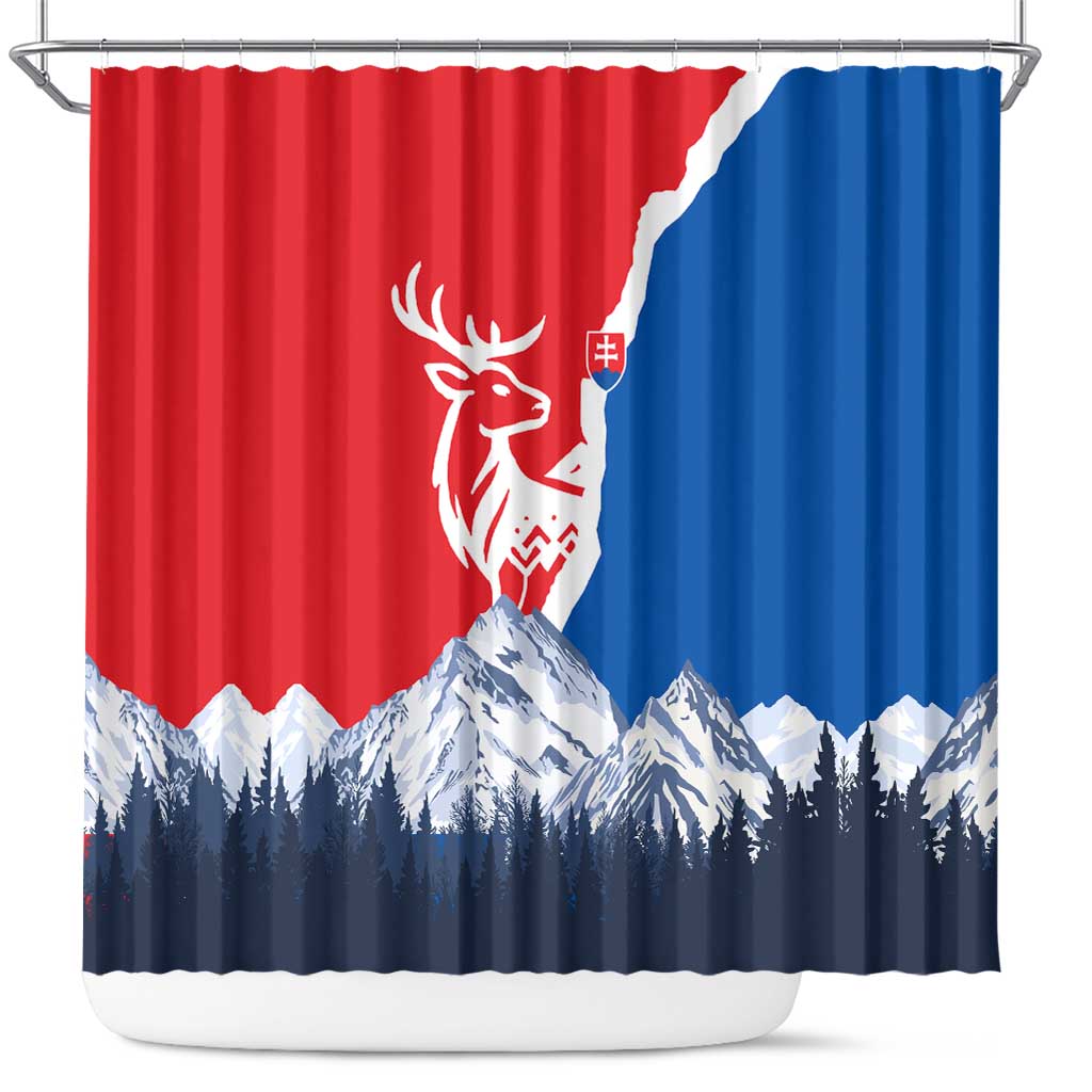 Slovakia – Red Blue Deer and Mountain Design Shower Curtain with National Symbols