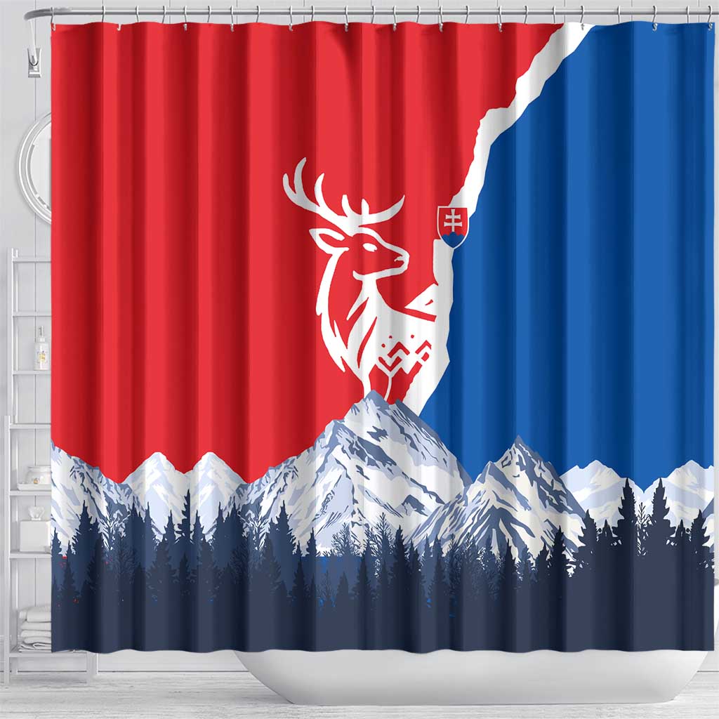 Slovakia – Red Blue Deer and Mountain Design Shower Curtain with National Symbols