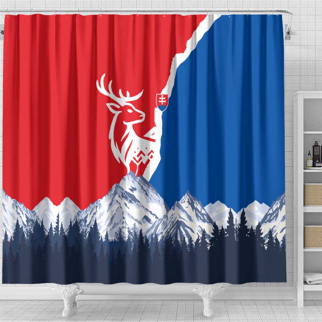 Slovakia – Red Blue Deer and Mountain Design Shower Curtain with National Symbols