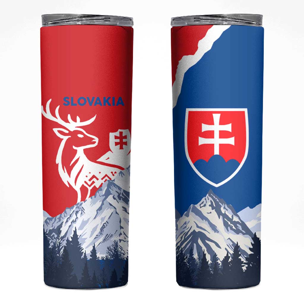 Slovakia – Red Blue Deer and Mountain Design Skinny Tumbler with National Symbols