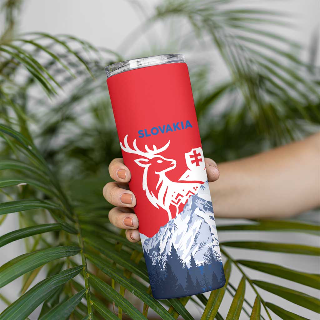 Slovakia – Red Blue Deer and Mountain Design Skinny Tumbler with National Symbols