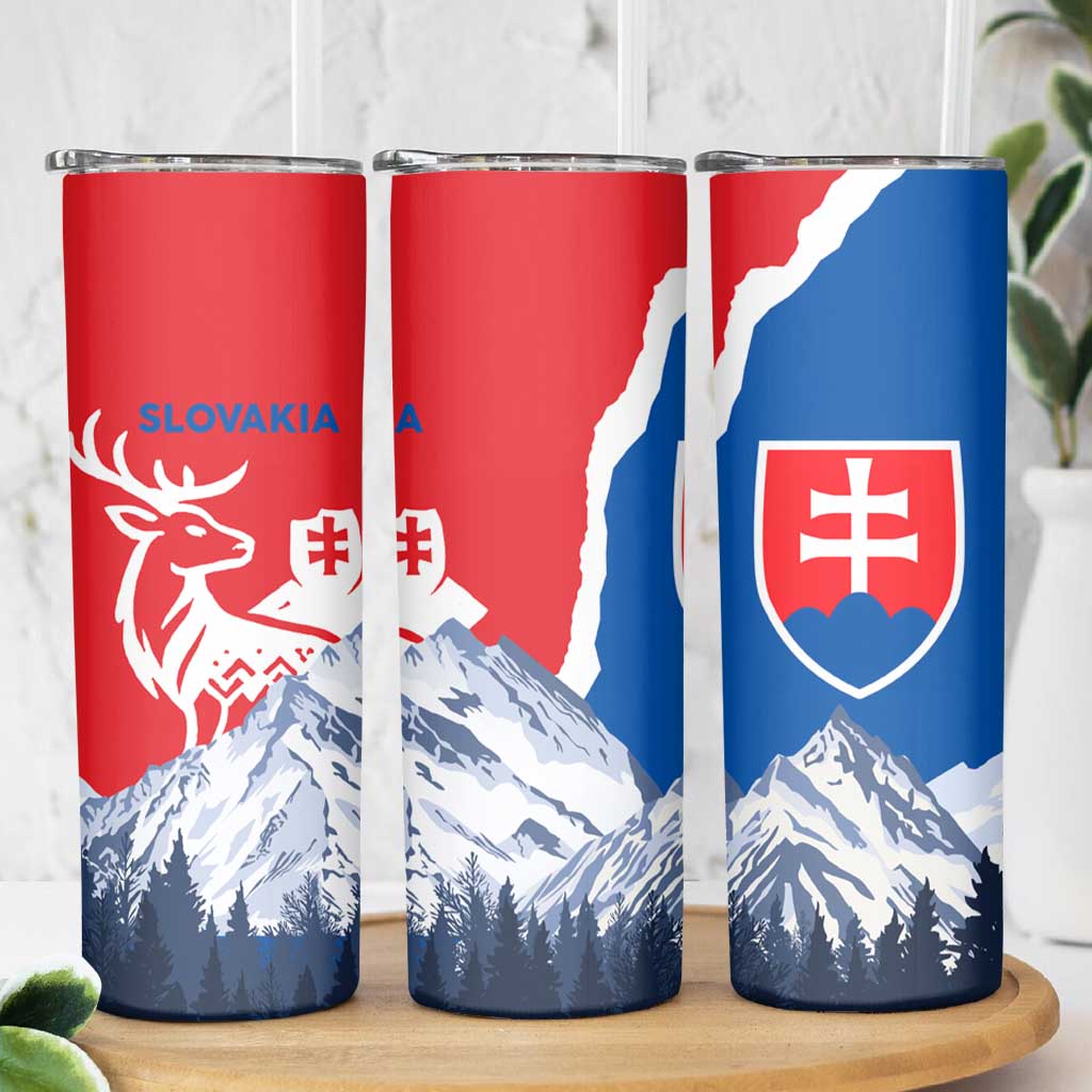 Slovakia – Red Blue Deer and Mountain Design Skinny Tumbler with National Symbols