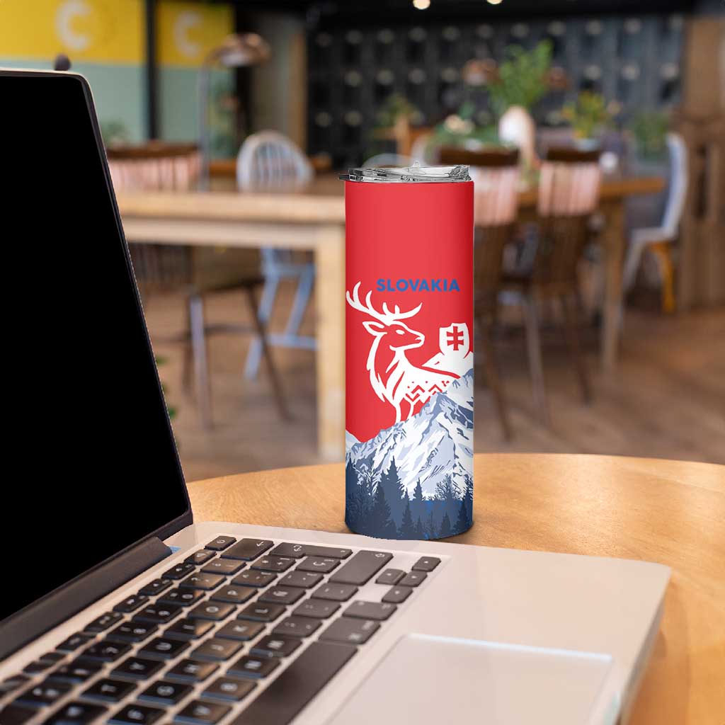 Slovakia – Red Blue Deer and Mountain Design Skinny Tumbler with National Symbols