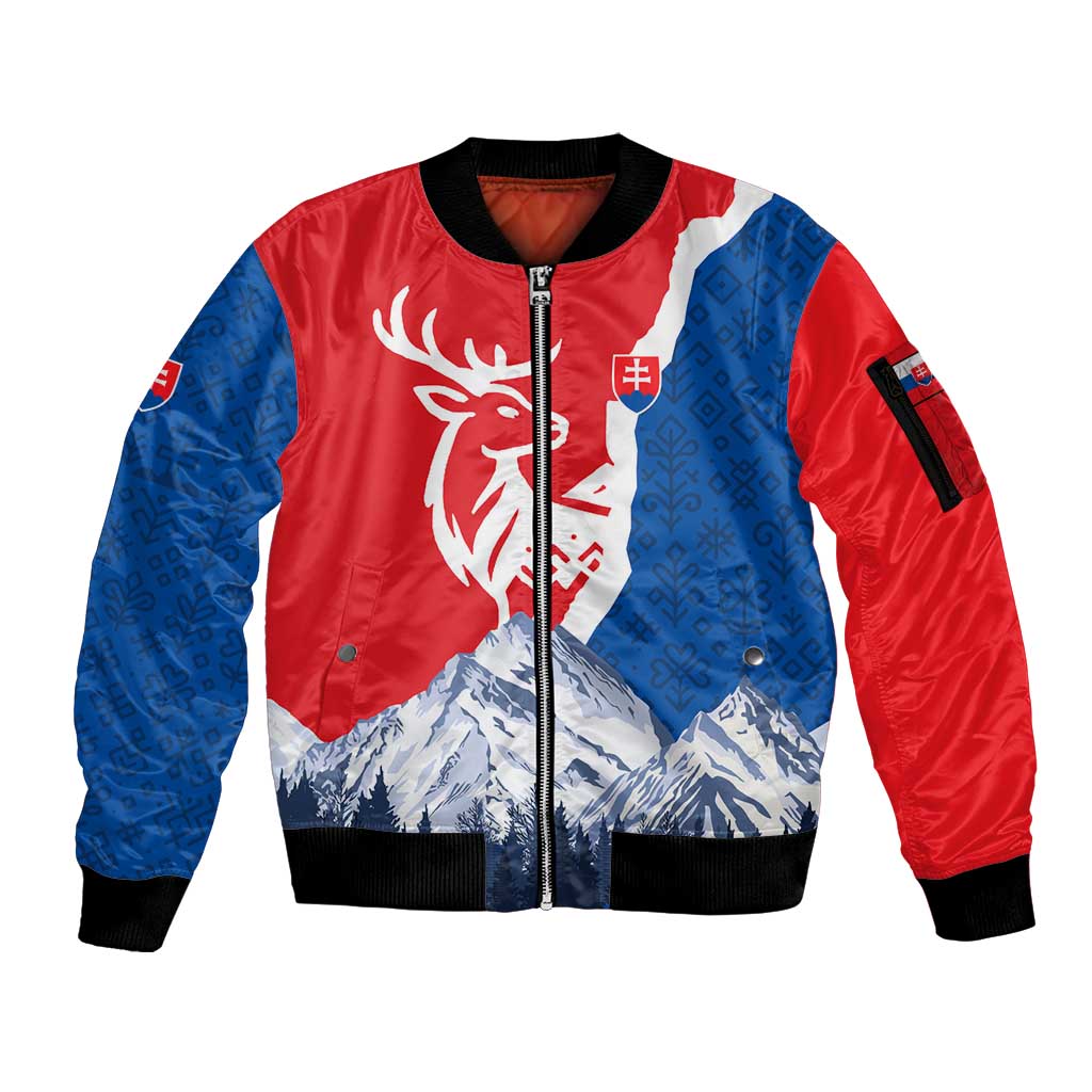 Slovakia – Red Blue Deer and Mountain Design Sleeve Zip Bomber Jacket with National Symbols