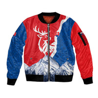 Slovakia – Red Blue Deer and Mountain Design Sleeve Zip Bomber Jacket with National Symbols