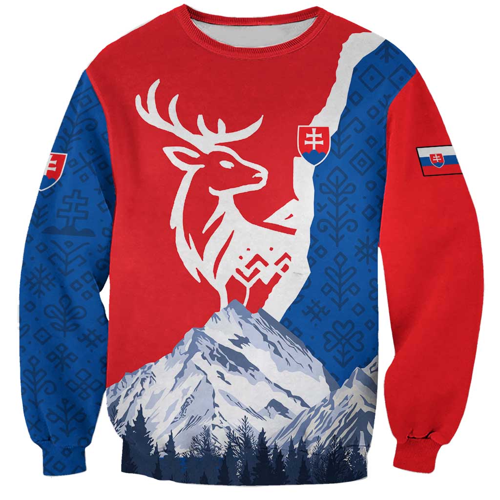 Slovakia – Red Blue Deer and Mountain Design Sweatshirt with National Symbols