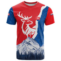 Slovakia – Red Blue Deer and Mountain Design T Shirt with National Symbols