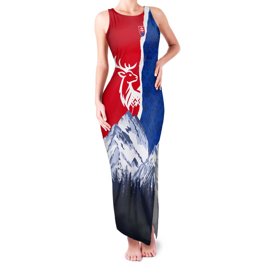 Slovakia – Red Blue Deer and Mountain Design Tank Maxi Dress with National Symbols