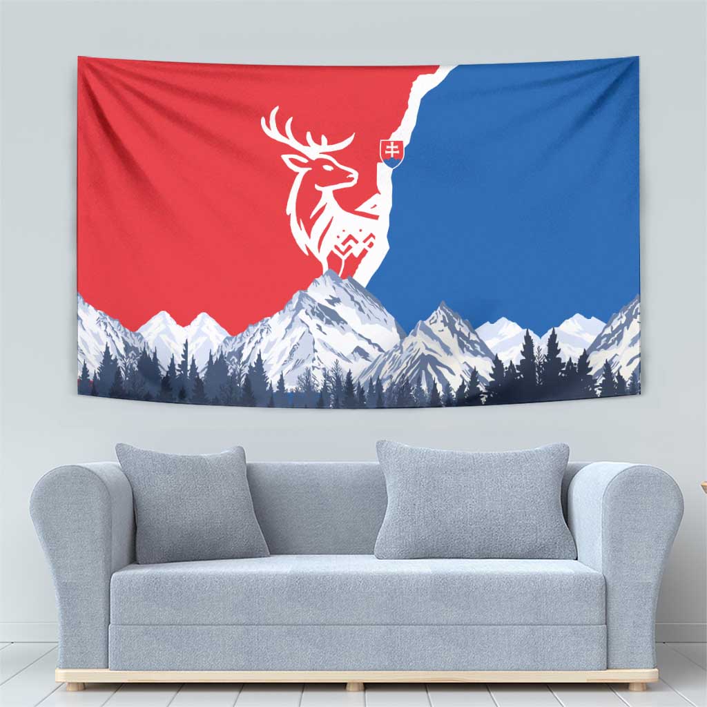Slovakia – Red Blue Deer and Mountain Design Tapestry with National Symbols