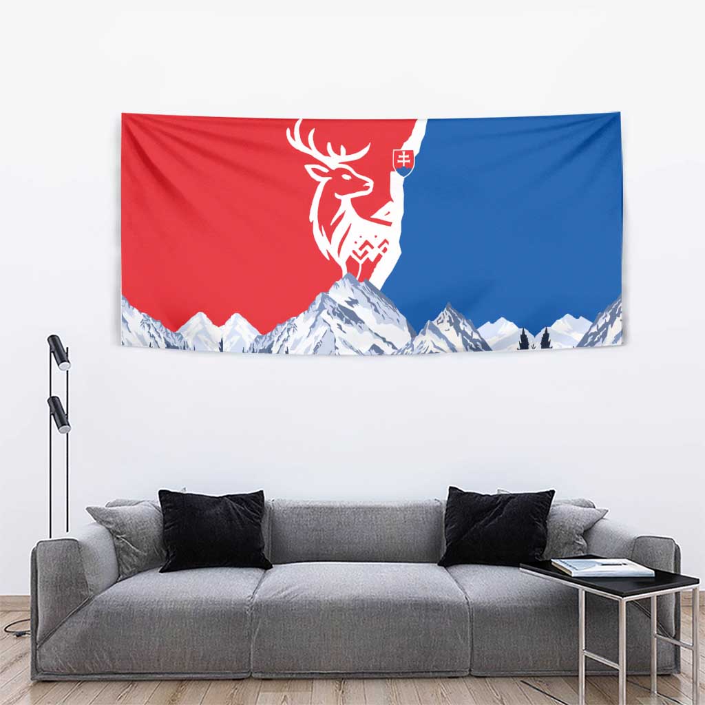 Slovakia – Red Blue Deer and Mountain Design Tapestry with National Symbols