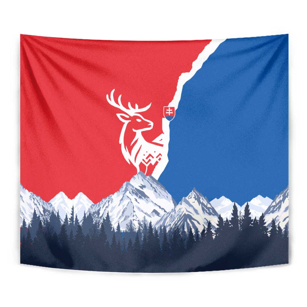 Slovakia – Red Blue Deer and Mountain Design Tapestry with National Symbols