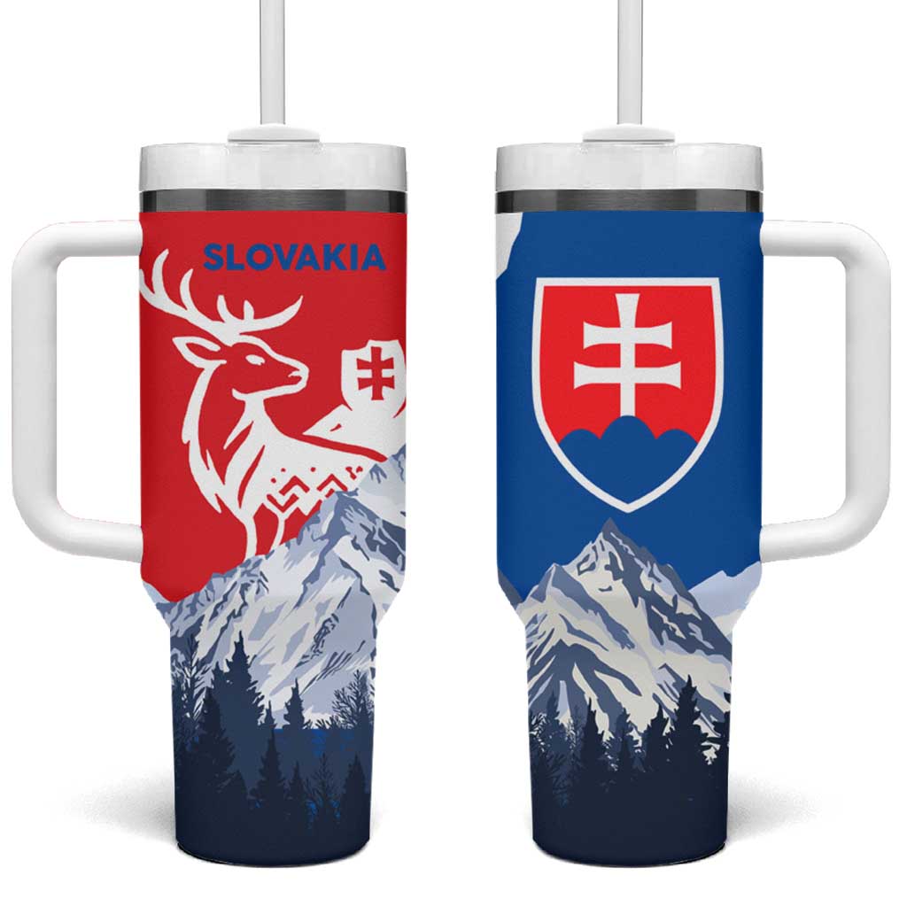 Slovakia – Red Blue Deer and Mountain Design Tumbler With Handle with National Symbols