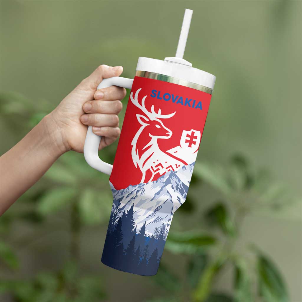 Slovakia – Red Blue Deer and Mountain Design Tumbler With Handle with National Symbols