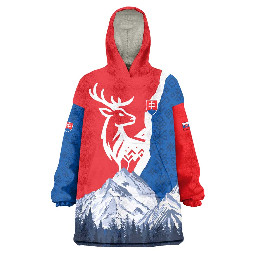 Slovakia – Red Blue Deer and Mountain Design Wearable Blanket Hoodie with National Symbols