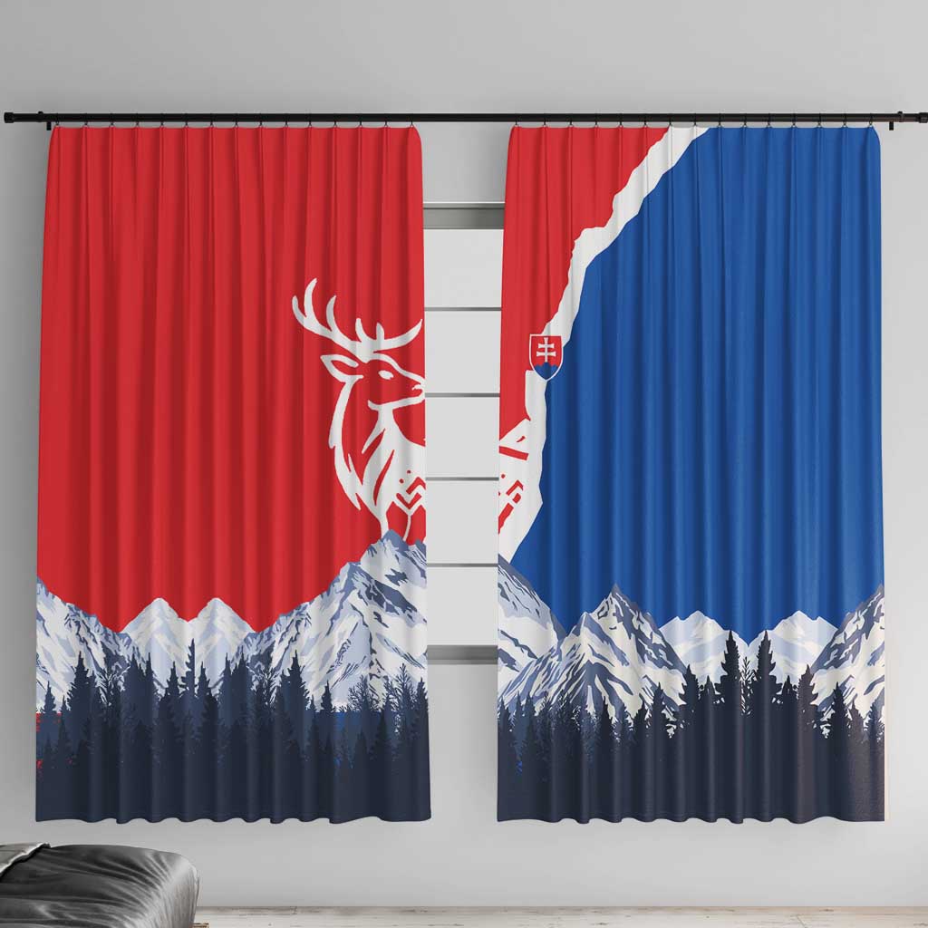 Slovakia – Red Blue Deer and Mountain Design Window Curtain with National Symbols