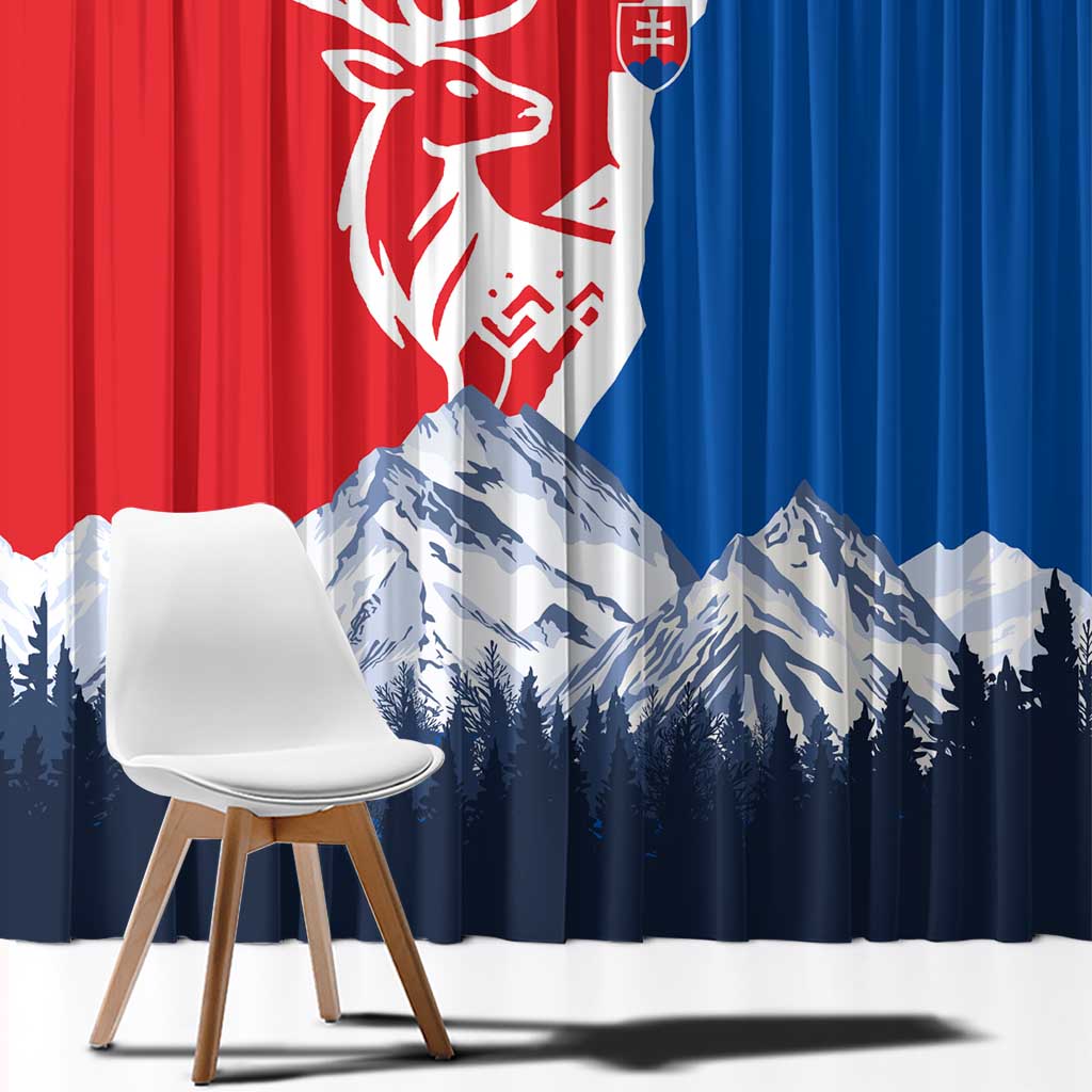 Slovakia – Red Blue Deer and Mountain Design Window Curtain with National Symbols