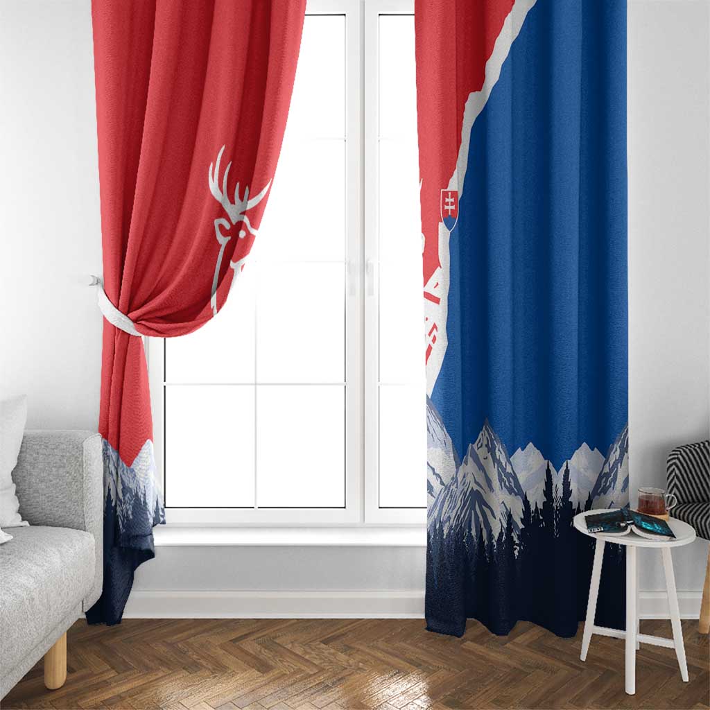 Slovakia – Red Blue Deer and Mountain Design Window Curtain with National Symbols