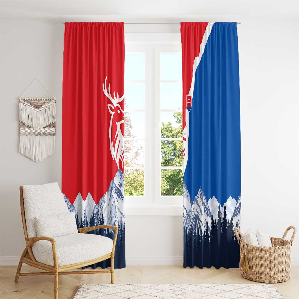 Slovakia – Red Blue Deer and Mountain Design Window Curtain with National Symbols