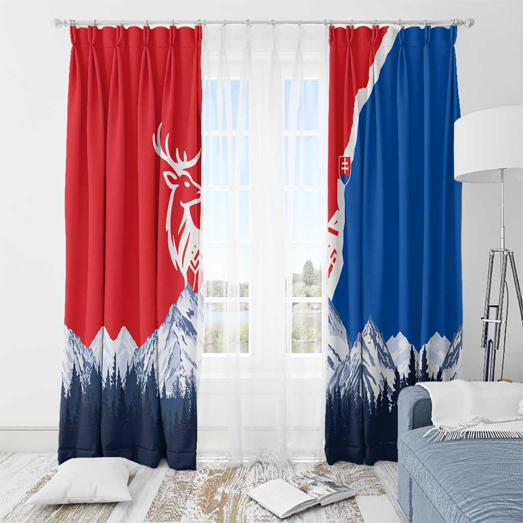 Slovakia – Red Blue Deer and Mountain Design Window Curtain with National Symbols