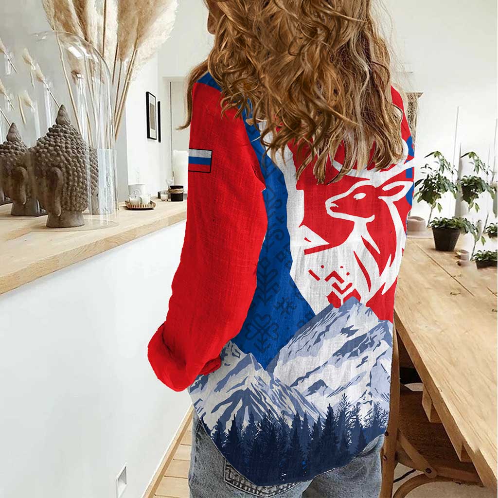 Slovakia – Red Blue Deer and Mountain Design Women Casual Shirt with National Symbols