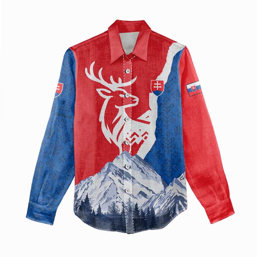 Slovakia – Red Blue Deer and Mountain Design Women Casual Shirt with National Symbols