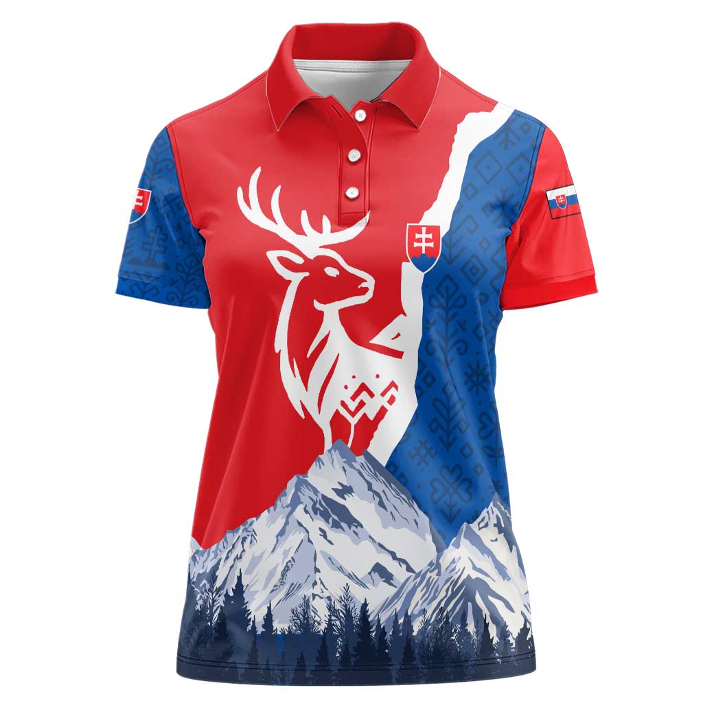 Slovakia – Red Blue Deer and Mountain Design Women Polo Shirt with National Symbols