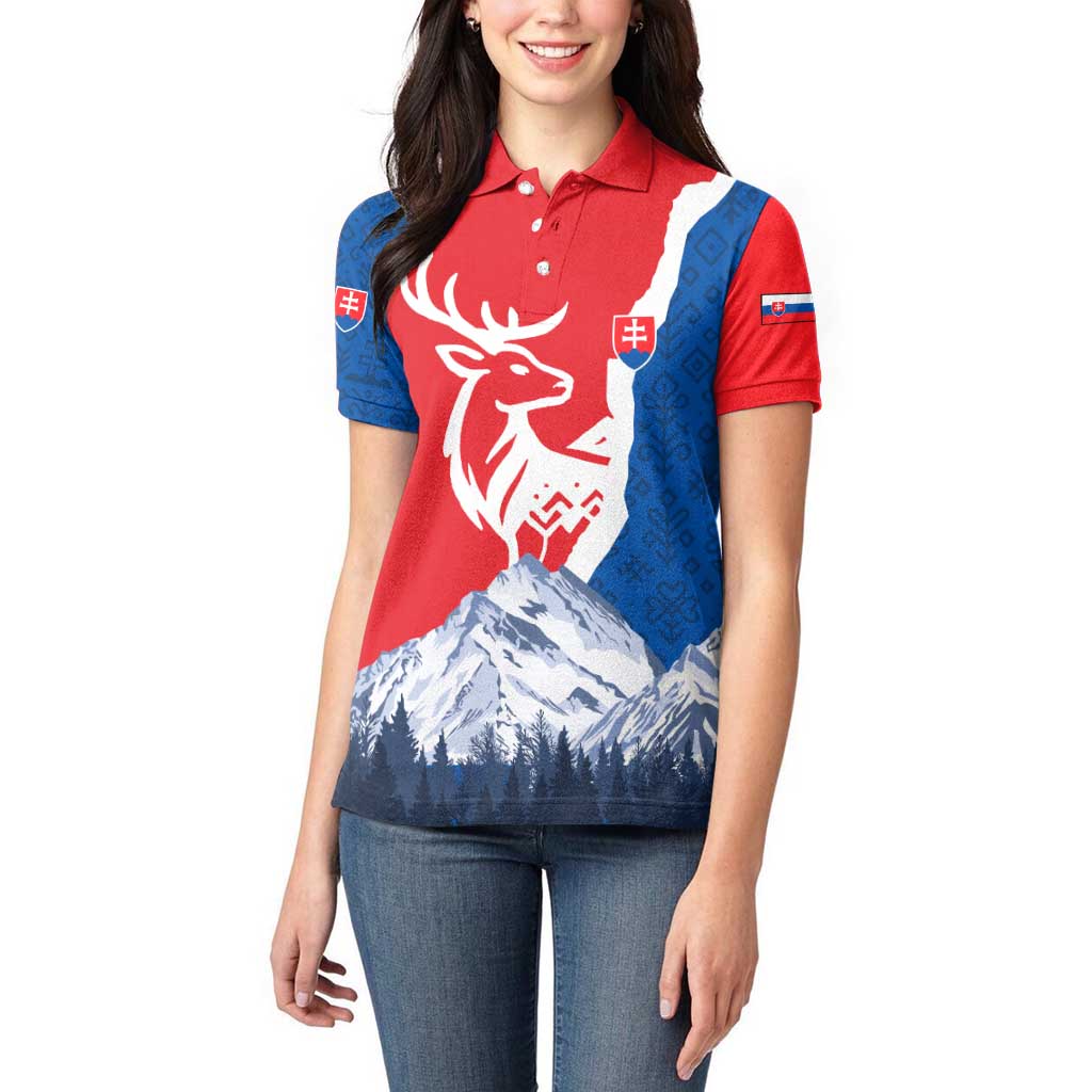 Slovakia – Red Blue Deer and Mountain Design Women Polo Shirt with National Symbols