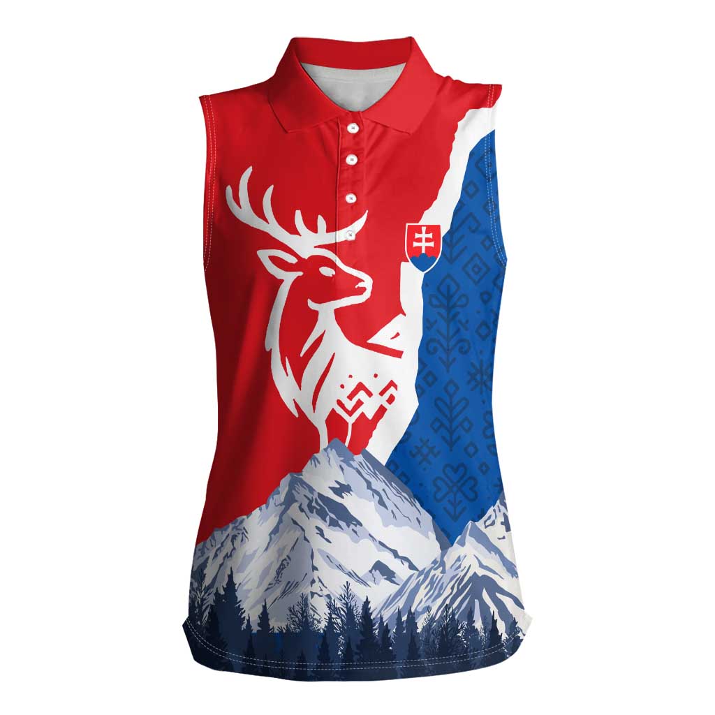 Slovakia – Red Blue Deer and Mountain Design Women Sleeveless Polo Shirt with National Symbols