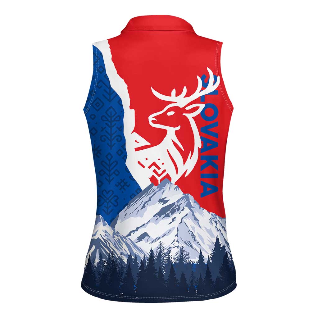 Slovakia – Red Blue Deer and Mountain Design Women Sleeveless Polo Shirt with National Symbols