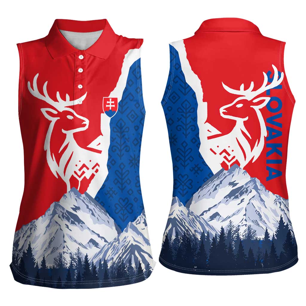 Slovakia – Red Blue Deer and Mountain Design Women Sleeveless Polo Shirt with National Symbols