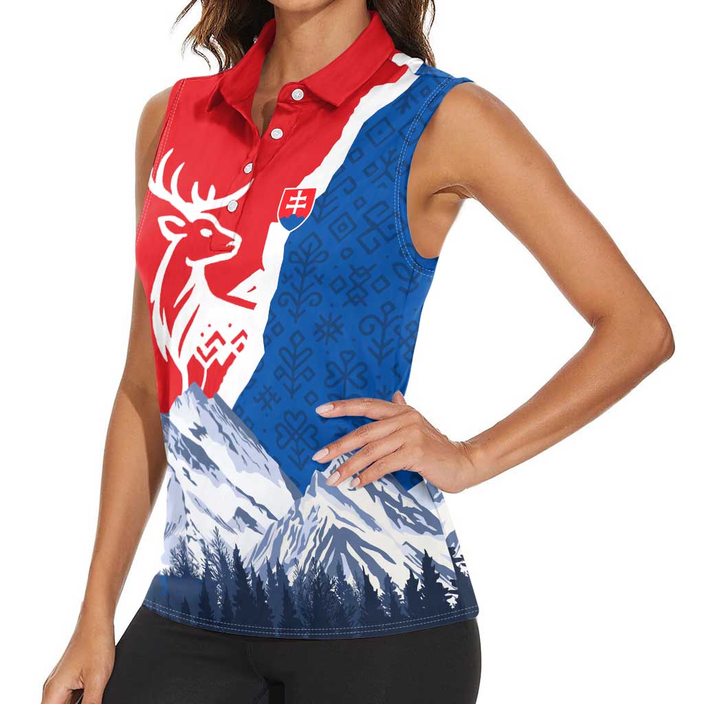 Slovakia – Red Blue Deer and Mountain Design Women Sleeveless Polo Shirt with National Symbols