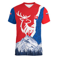 Slovakia – Red Blue Deer and Mountain Design Women V-Neck T-Shirt with National Symbols