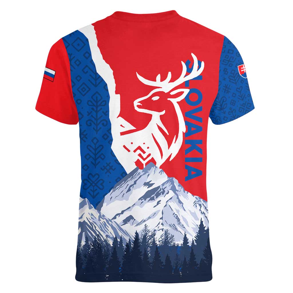 Slovakia – Red Blue Deer and Mountain Design Women V-Neck T-Shirt with National Symbols
