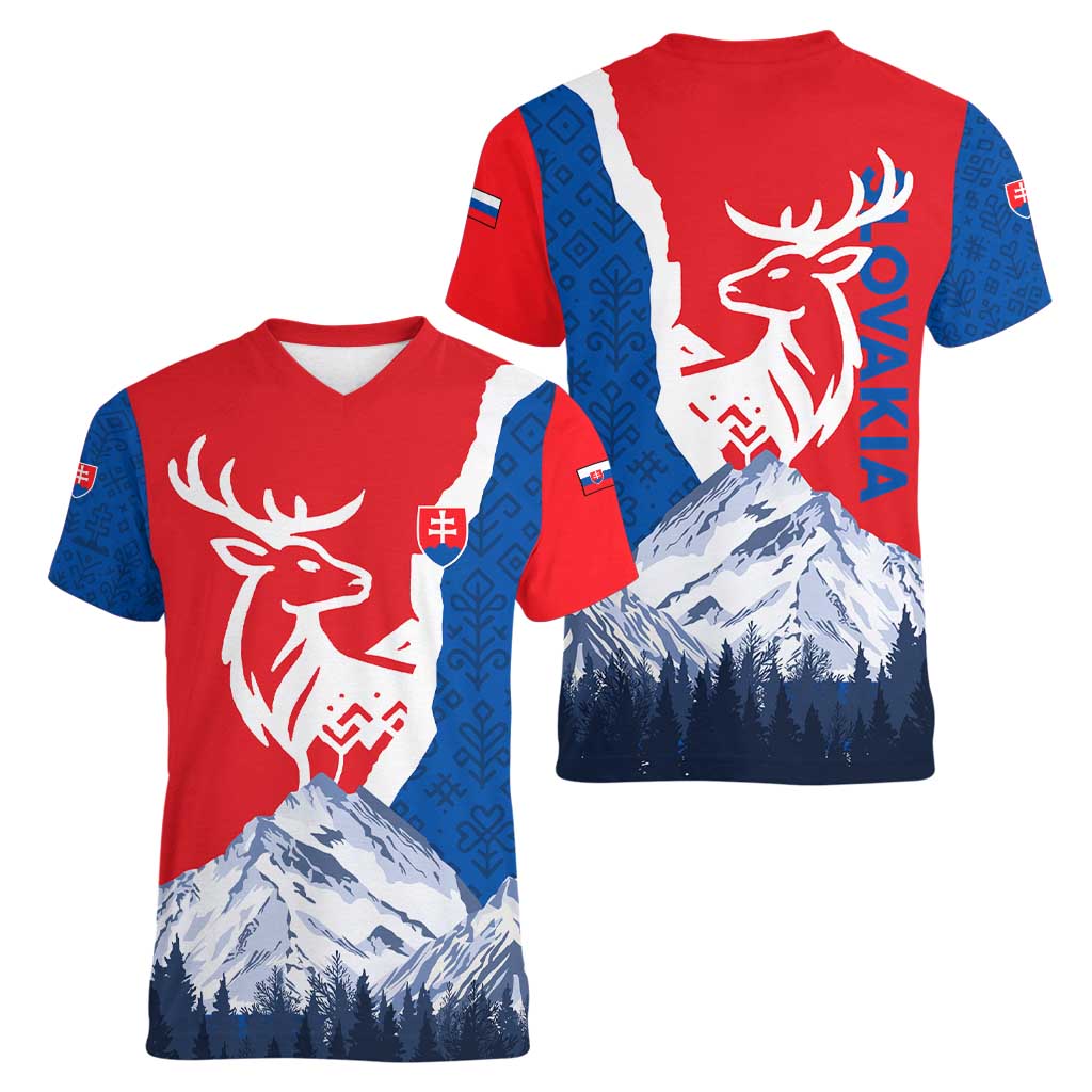 Slovakia – Red Blue Deer and Mountain Design Women V-Neck T-Shirt with National Symbols